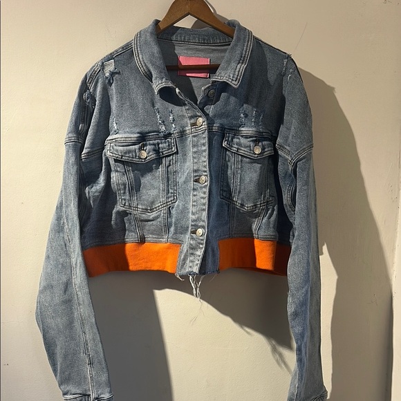 Azalea Wang Denim Cropped Jacket with Orange Trim - Picture 1 of 5